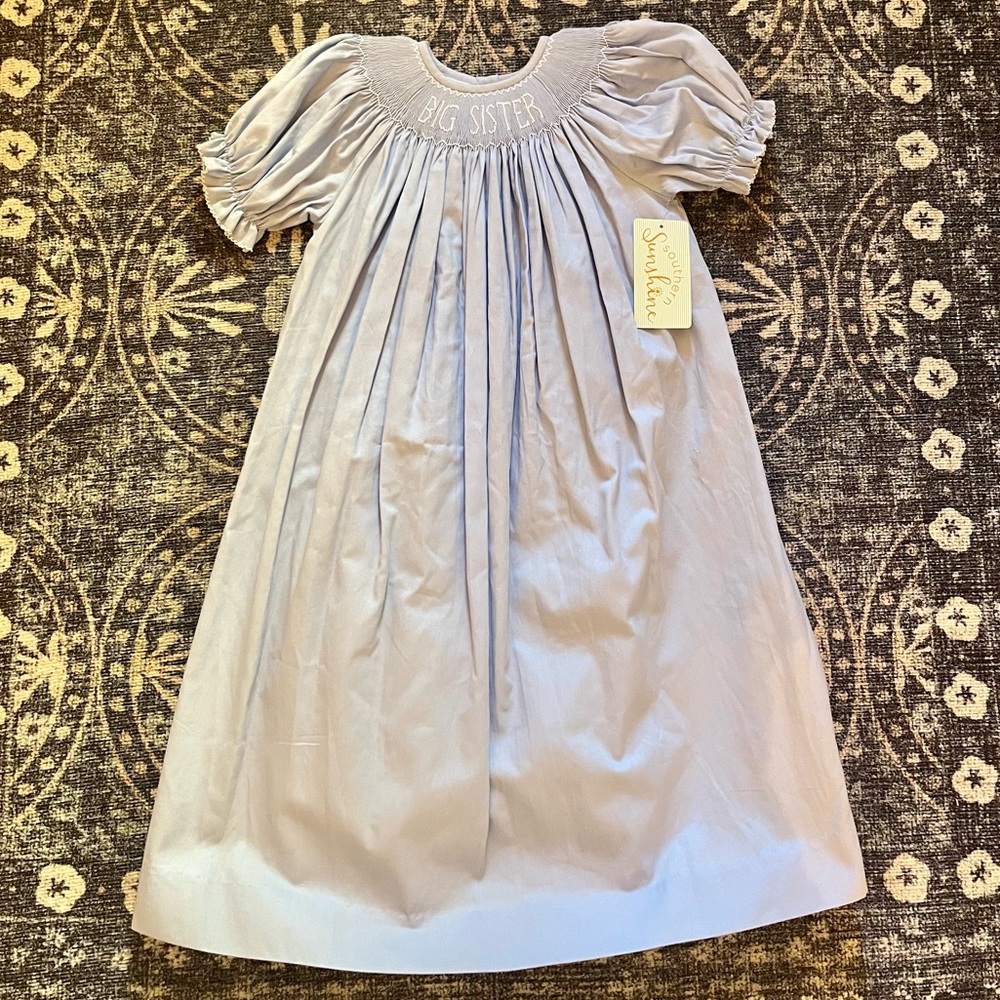 Southern Sunshine Little Girls blue Smocked Embroidered Big Sister Dress 6